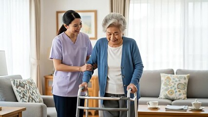 A compassionate scene unfolds as a dedicated young healthcare professional provides gentle assistance to an elderly woman navigating her home with a walker. Both individuals share a warm, encouraging