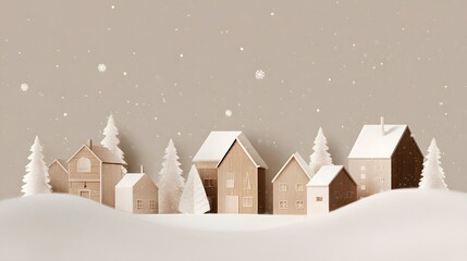 Christmas background with houses, trees, and snowflakes. Christmas miniature village with houses and trees in the snowю
