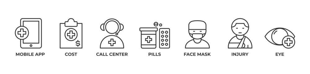 Managing Health Through Apps, Medicine, and Protection Icons set vector illustration outline with Mobile app, Cost, Call center, Pills,  Face mask, Injury, Eye