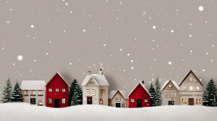 Christmas background with houses, trees, and snowflakes. Christmas miniature village with houses and trees in the snowю