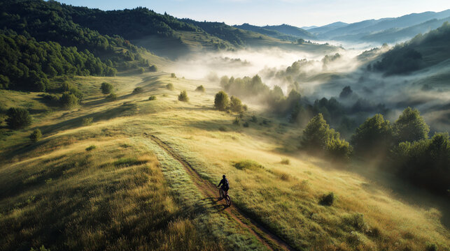 Cyclist on a winding country road through misty green hills at sunrise