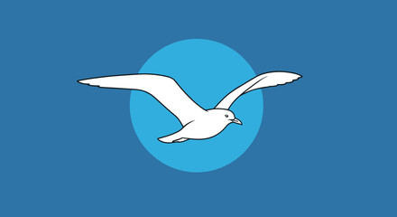 Obraz premium A simple white bird with outstretched wings soars gracefully across a vibrant blue background with a circular halo.