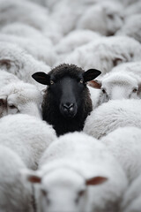 Naklejka premium One unique black sheep standing out from crowd of other white sheep. Uniqueness concept banner.
