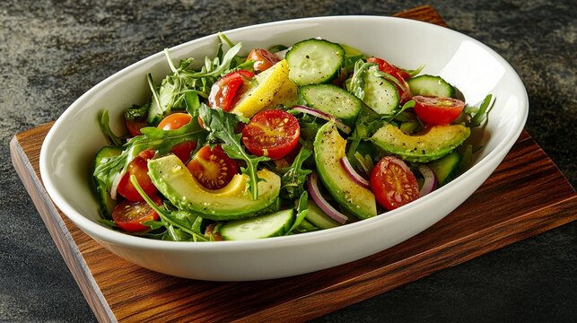 Fresh avocado salad with sliced ripe avocados, cherry tomatoes, red onions, cucumber, and arugula, lightly drizzled with lemon vinaigrette, served in a white bowl.