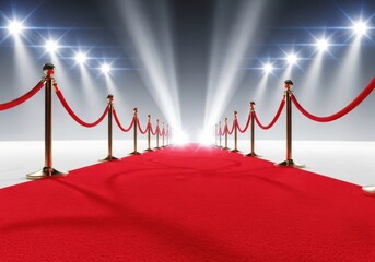 Grand entrance red carpet under spotlight beams