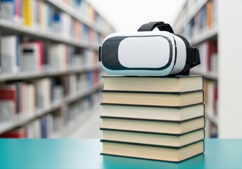 Virtual reality headset atop stacked books in library