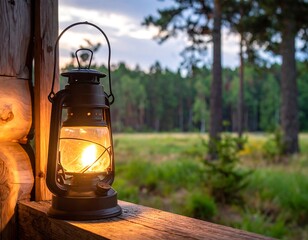 Vintage lantern glows warmly on wooden porch, forest backdrop