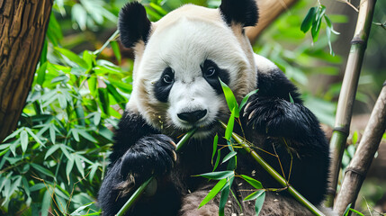 Fototapeta premium Giant Pandas Feeding in Bamboo Forest: Black-and-White Bears Chewing Fresh Bamboo Shoots, Tender Leaves & Stalks—Lazy, Cute Foraging Behavior in Dense Bamboo Groves of Sichuan/Wolong National Nature R