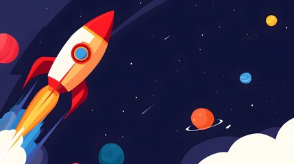 Illustration of a rocket in space concept. Flat illustration of a rocket in space with clouds, stars and planets