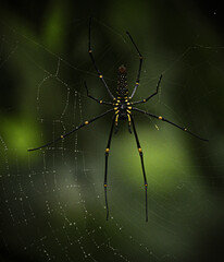 Golden Orb Weaver Spider on Web with Dew Drops in Natural Light