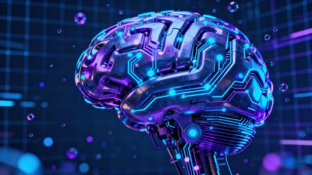 Generative AI Concept. Transforming Content Creation Through Advanced Machine Learning Techniques. Futuristic brain with circuits and glowing elements on a digital background.