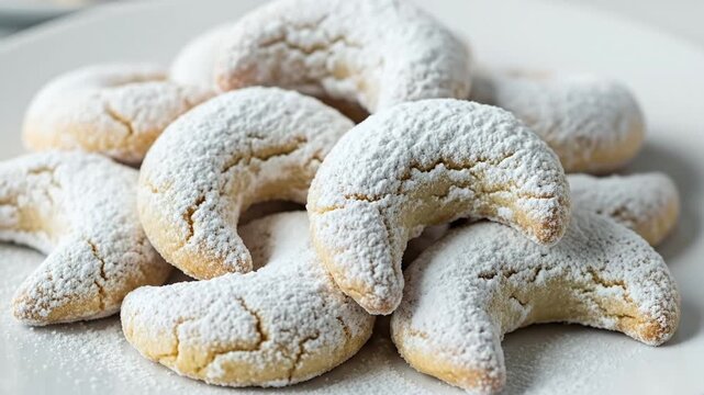 A delightful close-up shot showcases a tempting pile of crescent-shaped cookies, generously coated with a delicate dusting of white powdered sugar, artfully arranged on a clean, simple white plate. Ea