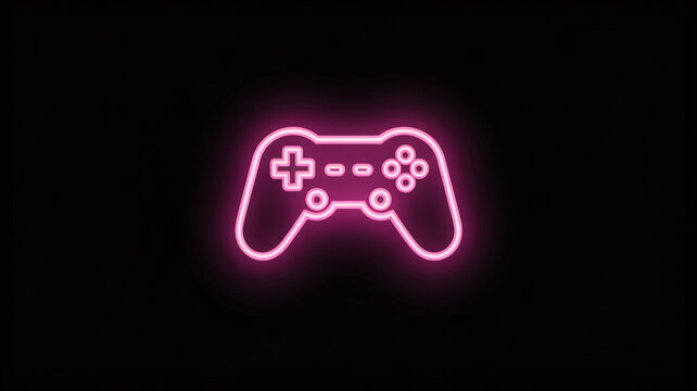 A glowing pink neon video game controller icon on a black background, symbolizing gaming and entertainment