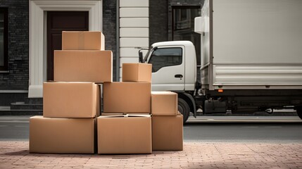 Cardboard boxes stacked in front of a delivery truck. Selective focus. Cardboard boxes on the road with a truck in the background, moving houses concept.