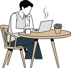 Man working remotely on laptop at wooden table with coffee cup and plant, freelance work from home concept illustration