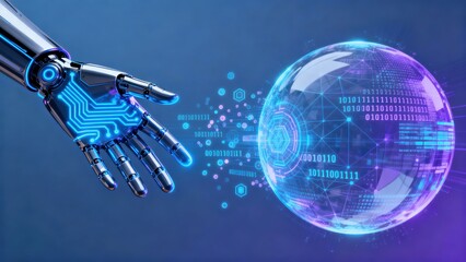 Generative AI Concept. Transforming Content Creation Through Advanced Machine Learning Techniques. Futuristic robotic hand interacting with a glowing digital sphere.