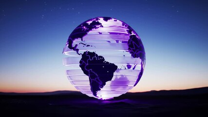 Digital globe displaying world map against sunset sky background - Powered by Adobe