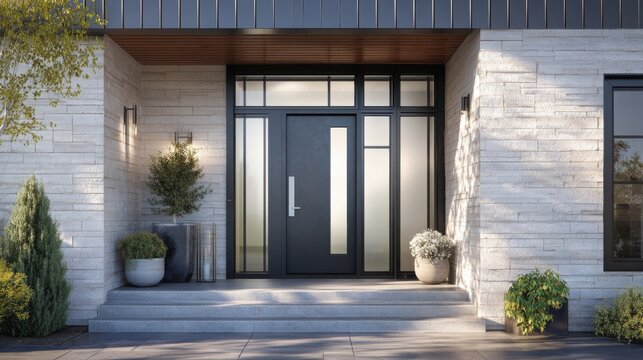 Stunning photo of modern home entrance with gray door and stone facade in daylight view. - Powered by Adobe
