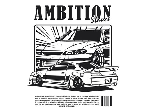black and white 90s automotive graphic for car stance illustration vector