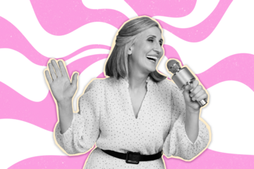 Composite photo collage of happy old woman sing mic device concert performance weekend occasion event isolated on painted background