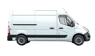 Side view rendering of a white, commercial cargo vehicle with sliding door, against a black background