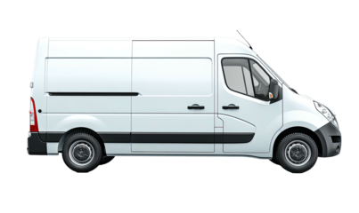 Side view rendering of a white, commercial cargo vehicle with sliding door, against a black background