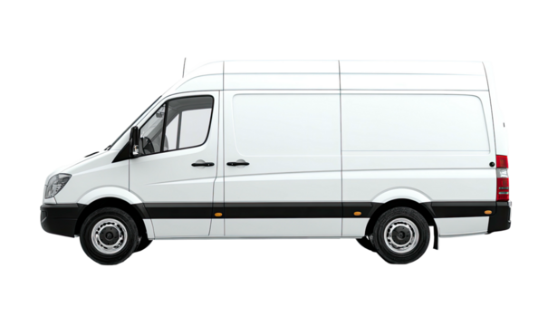 A side view of a white delivery van against a black background. Features a high roof and side door