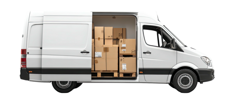 A white delivery van, side view, door open, showcasing stacked boxes on a pallet, ready for transit