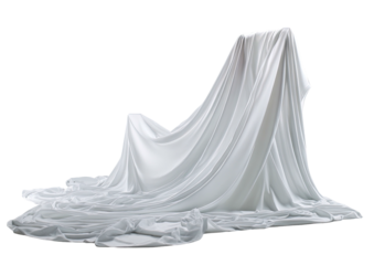 A sculptural composition featuring a smooth, flowing, white fabric draped over an unseen form