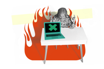 Trend artwork sketch image photo collage of office manager aged woman angry furious flame fire burn laptop off display cross problem bug