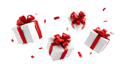 Four white wrapped presents with red ribbons float among scattered red confetti on black background