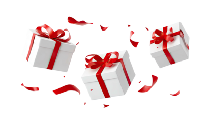 Three floating white gift boxes with red ribbons and scattered red rose petals on black background