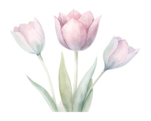 Fototapeta premium Pastel Watercolor Tulips in Minimal Style isolated on white background