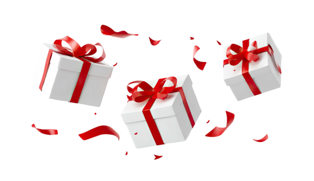 Three floating white gift boxes with red ribbons and scattered red rose petals on black background