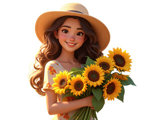 Young Woman Smiling with Sunflowers in Summer Field