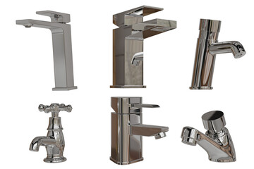 Six distinct, shiny silver-toned metallic faucets in various modern and classic designs. Reflective plumbing fixtures, highlighting their sleek forms on black