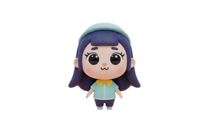 3d icon of cute cartoon girl with big eyes and blue hair isolated on transparent background 3d rendering illustration