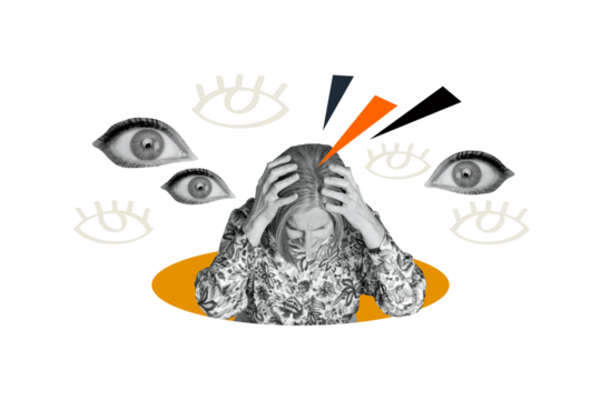 Trend artwork sketch image 3D photo collage of cyberbullying man eyes spy watch scrutiny aged woman sad bad mood overloaded headache