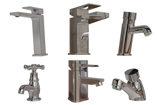 Six distinct, shiny silver-toned metallic faucets in various modern and classic designs. Reflective plumbing fixtures, highlighting their sleek forms on black