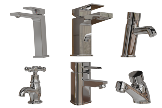 Six distinct, shiny silver-toned metallic faucets in various modern and classic designs. Reflective plumbing fixtures, highlighting their sleek forms on black