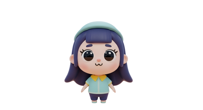 3d icon of cute cartoon girl with big eyes and blue hair isolated on transparent background 3d rendering illustration