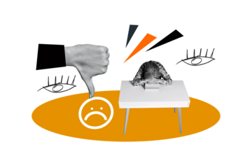 Trend artwork composite sketch image 3D photo collage of thumb down dislike cyberbullying eye watch scrutiny aged woman sad bad mood table