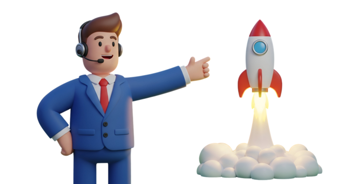 3d icon of friendly customer service representative pointing at a rocket launch isolated on transparent background