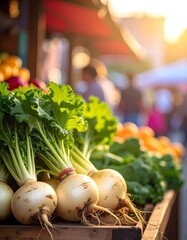 Fresh turnips and greens at a farmer's market, sunlit display