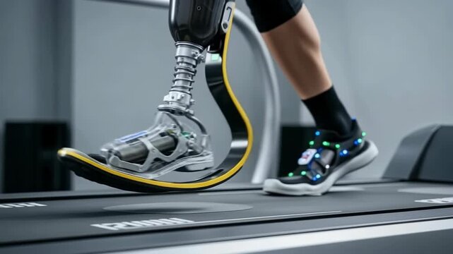 A prosthetic foot with an energy return system is being evaluated on a biomechanical treadmill, showcasing its dynamic movement and performance in real-time.