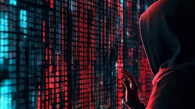 Man hacker in a hoodie looking at abstract binary code data, touching virtual screen, concept of cyber security, computer programming footage.