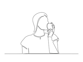 Woman eating fresh fruit in single outline illustration. Continuous line art drawing of woman enjoying fresh apple, vegan concept. Editable stroke.