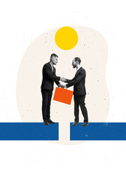Bright collage. Two businessmen shaking hands standing on bridge shapes symbolizing agreement....