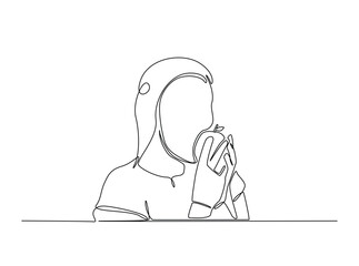 Woman eating apple fruit in single outline illustration. Continuous line art drawing of woman enjoying fresh apple, vegan concept. Editable stroke.