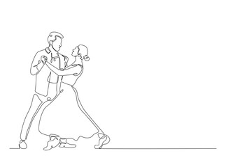 Rimantic couple dancing in single outline illustration. Continuous line art drawing of Happy couple dancing. Editable stroke.